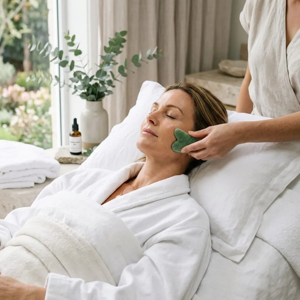 Gua sha stone drawn along the cheekbone during a firming facial — Sweet & Smile Massage, Daly City
