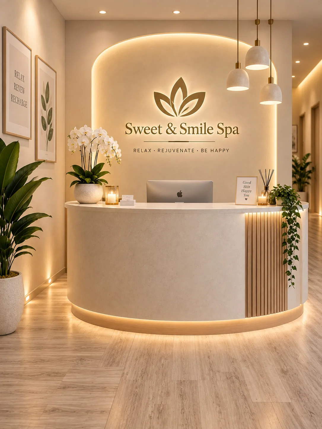 The reception area at Sweet & Smile Massage in Daly City — lit lotus sign, orchids and a curved front desk