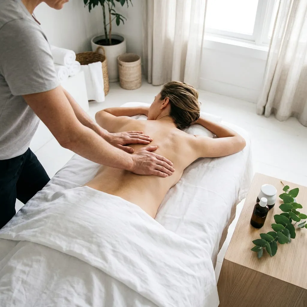 Forearm pressure worked along the lower back during a deep tissue massage at Sweet & Smile Massage in Daly City