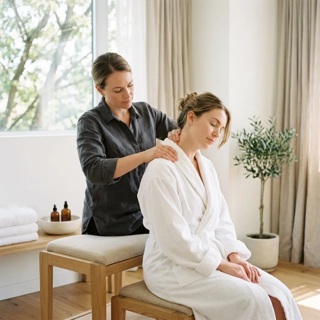 Therapist working along the neck and shoulders during a massage at Sweet & Smile Massage, Daly City