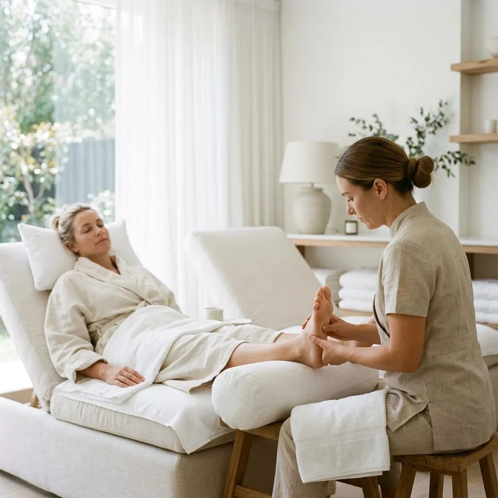 Combo massage — body work followed by foot reflexology in a reclining lounge chair at Sweet & Smile Massage, Daly City