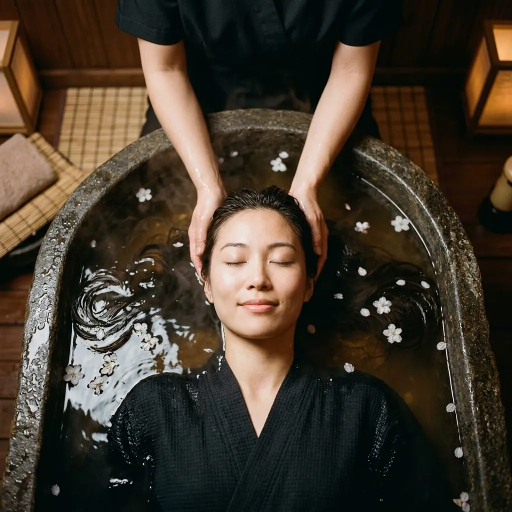 Head spa followed by neck and shoulder work, guest reclined at the basin — Sweet & Smile Massage, Daly City